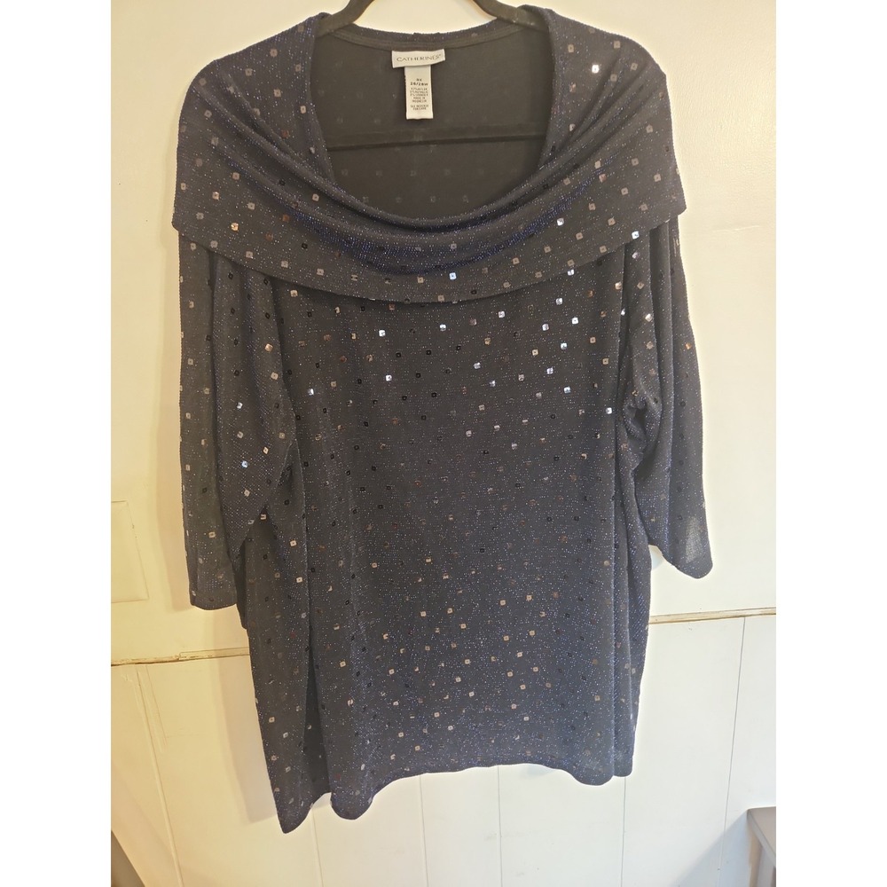 Catherines Plus Size 3X 26/28W Navy Blue Sequin Shimmer Cowl Neck Party Top Glam